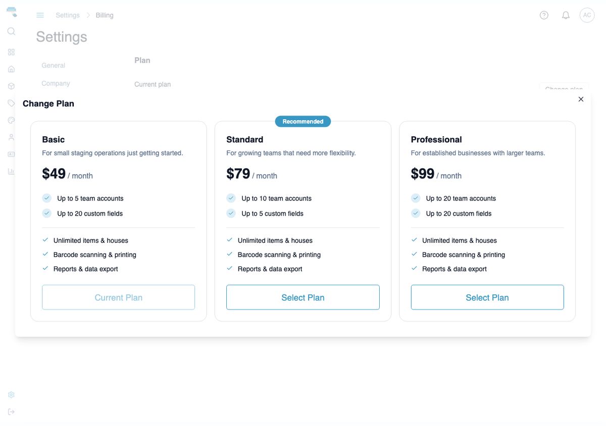 Change Plan dialog open over the Billing settings page, showing three side-by-side tier cards (Basic, Standard, and Professional) with prices and per-plan limits