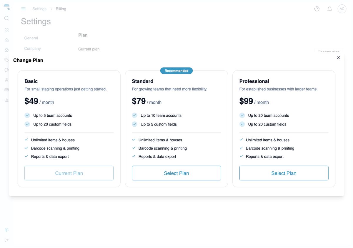 Change Plan dialog open over the Billing settings page, showing three side-by-side tier cards (Basic, Standard, and Professional) with prices and per-plan limits