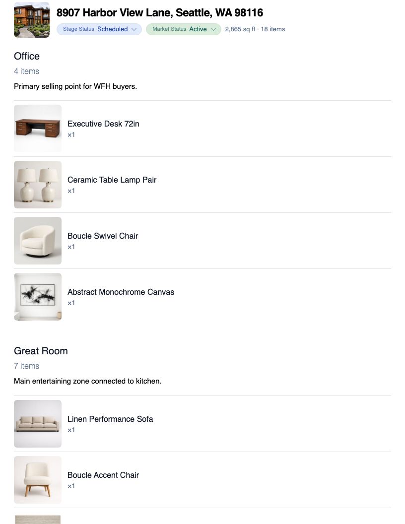 Print preview of a house inventory at the Medium item size: each item on its own line with a photo, full name, and quantity