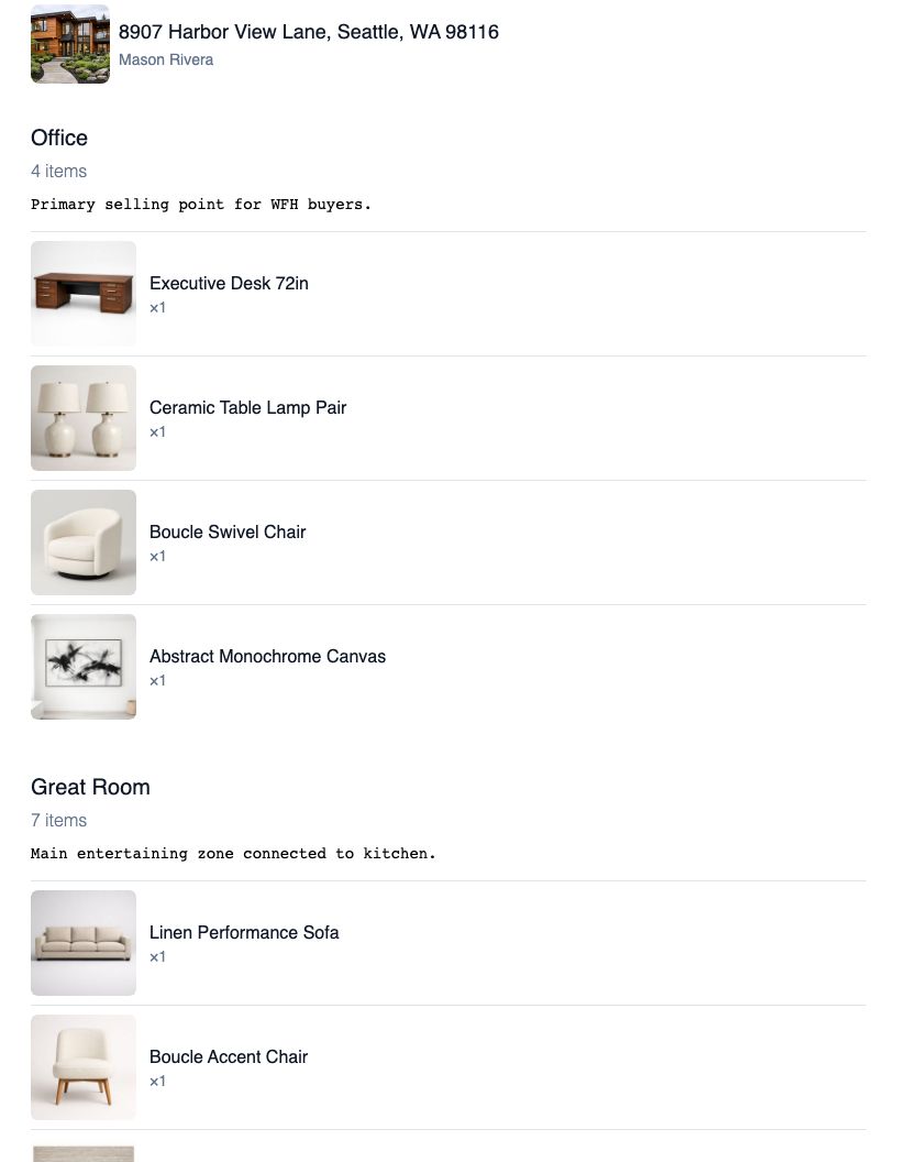 Print preview of a house inventory at the Medium item size: each item on its own line with a photo, full name, and quantity