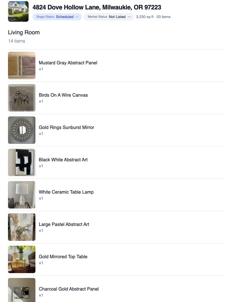 Print preview of a house inventory at the Medium item size: each item on its own line with a photo, full name, and quantity
