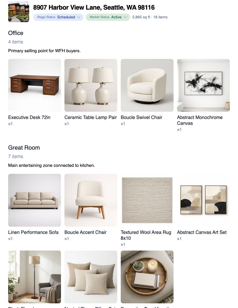 Print preview of a house inventory at the Large item size: a grid of item photo cards grouped into Office and Great Room sections, each with its full name and quantity