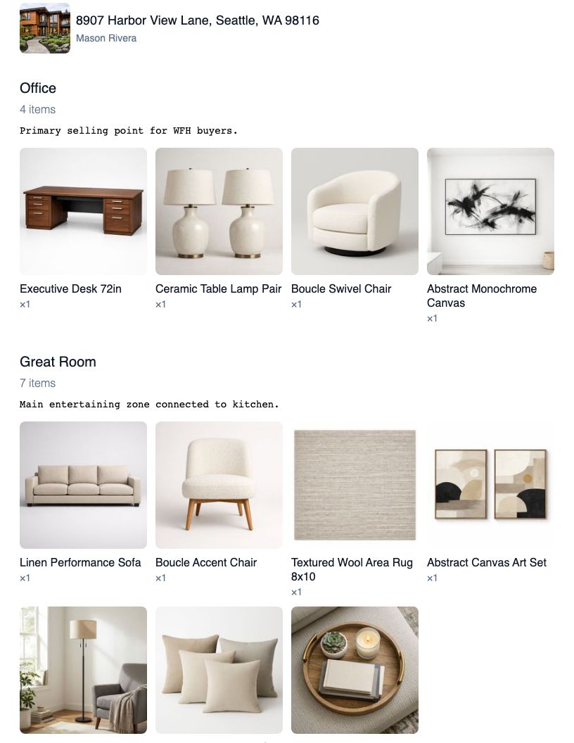 Print preview of a house inventory at the Large item size: a grid of item photo cards grouped into Office and Great Room sections, each with its full name and quantity