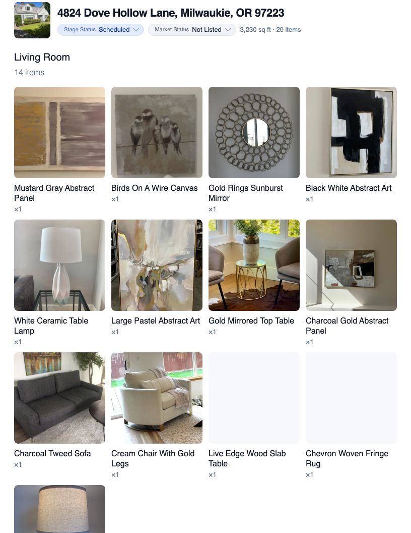 Print preview of a house inventory at the Large item size: a grid of item photo cards grouped into Office and Great Room sections, each with its full name and quantity