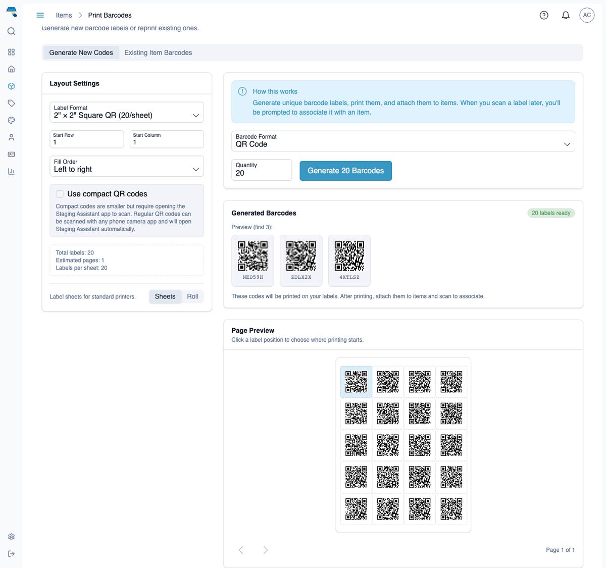 Barcode print page with the page preview filled with a populated 4x5 sheet of QR code labels