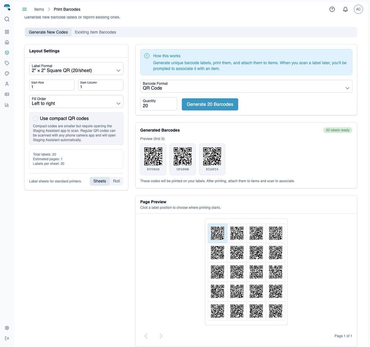 Barcode print page with the page preview filled with a populated 4x5 sheet of QR code labels