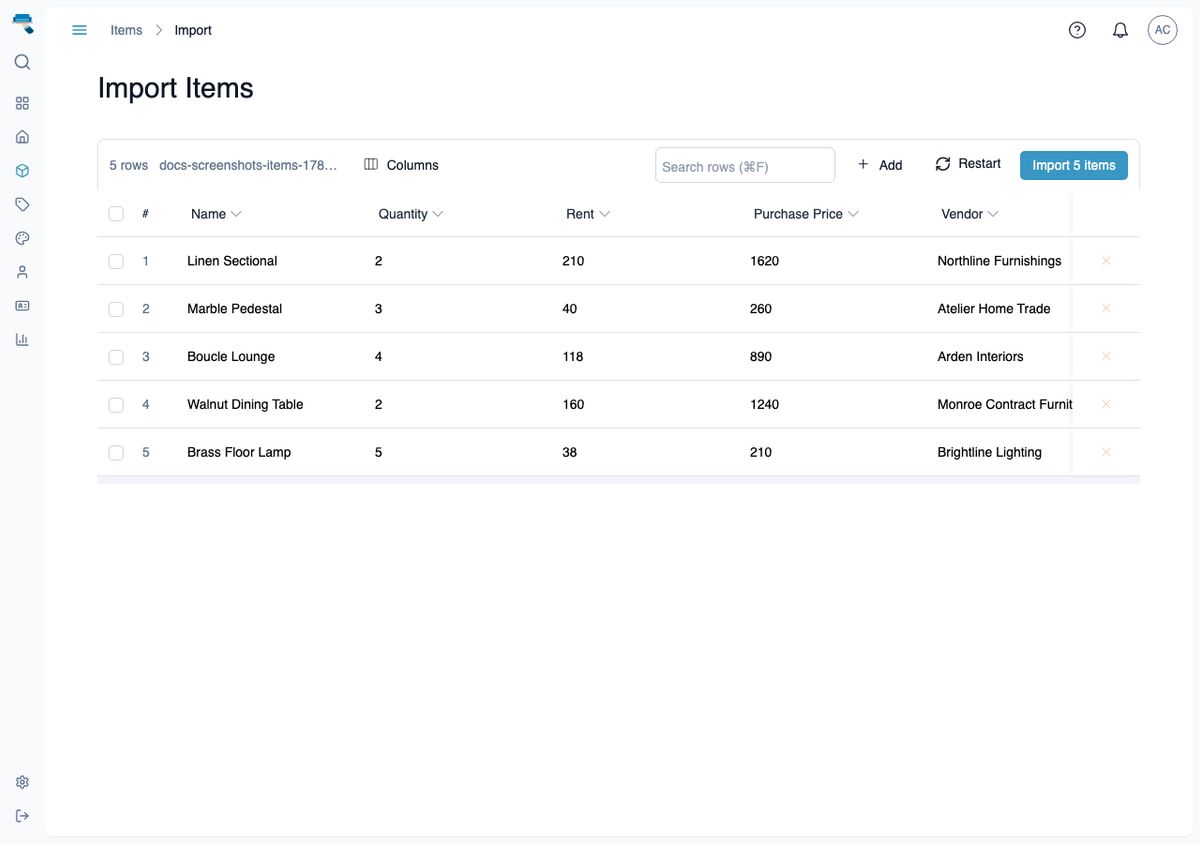Review step of the item import wizard showing five rows from a spreadsheet in a table, with toolbar buttons for Add, Restart, and Import 5 items