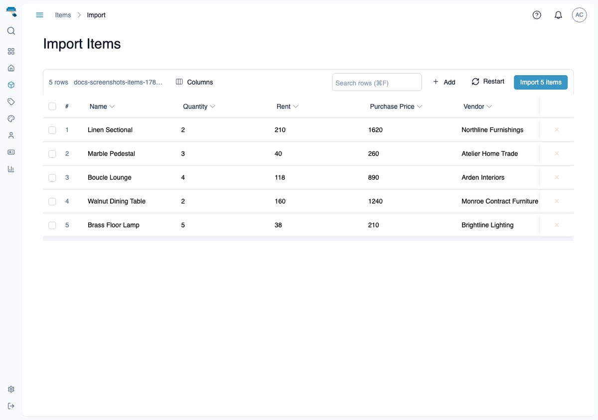 Review step of the item import wizard showing five rows from a spreadsheet in a table, with toolbar buttons for Add, Restart, and Import 5 items