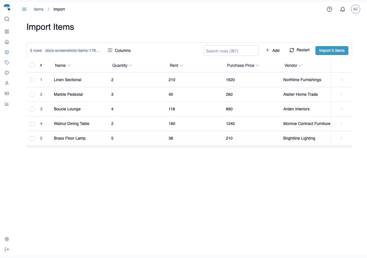 Review step of the item import wizard showing five rows from a spreadsheet in a table, with toolbar buttons for Add, Restart, and Import 5 items