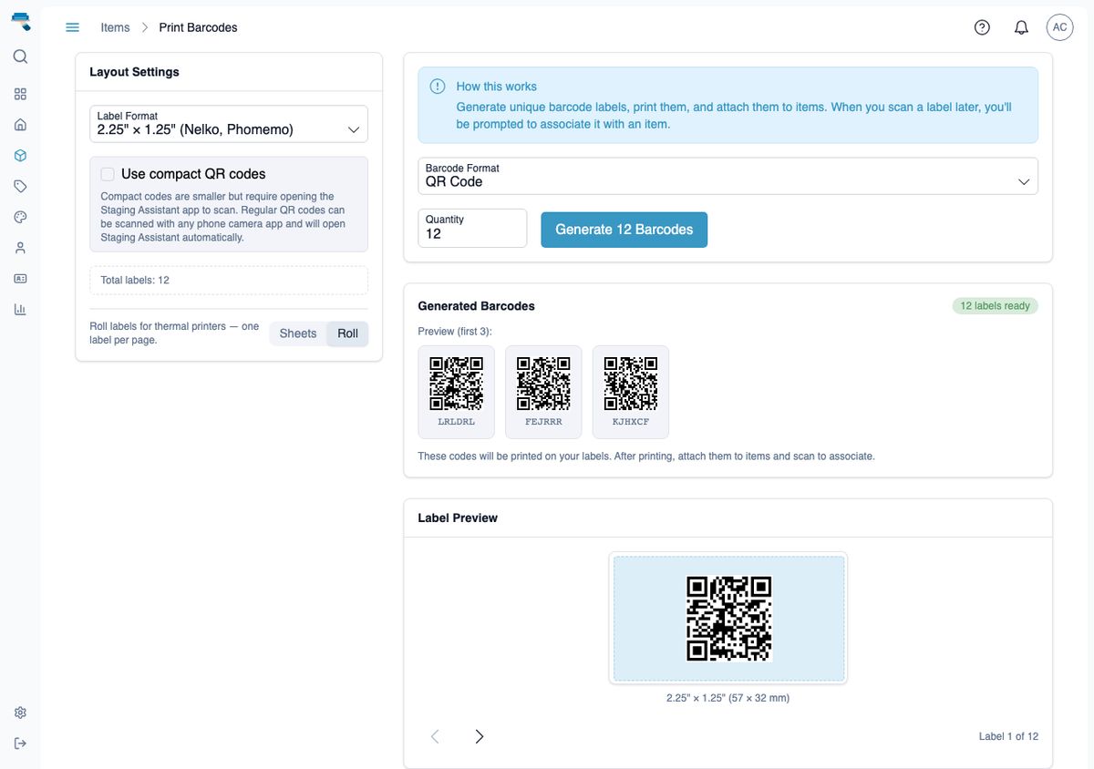 Barcode print page in roll mode showing a single thermal label preview with its dimensions