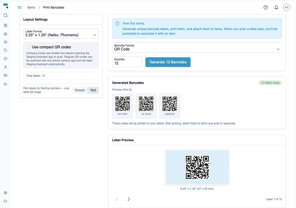 Barcode print page in roll mode showing a single thermal label preview with its dimensions
