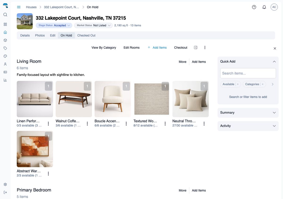 Desktop house Rooms tab with Living Room and Primary Bedroom populated, item cards in each, and the Quick Add sidebar visible on the right