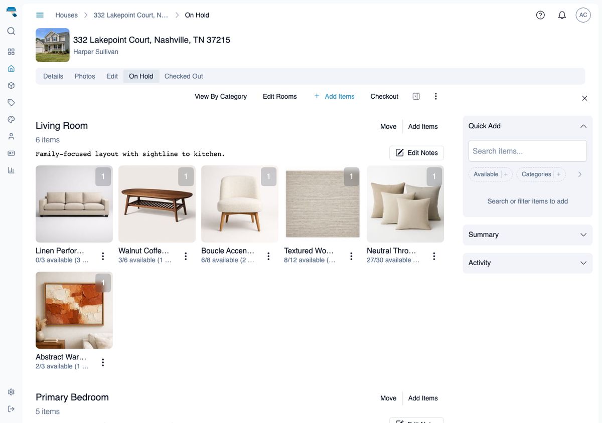 Desktop house Rooms tab with Living Room and Primary Bedroom populated, item cards in each, and the Quick Add sidebar visible on the right