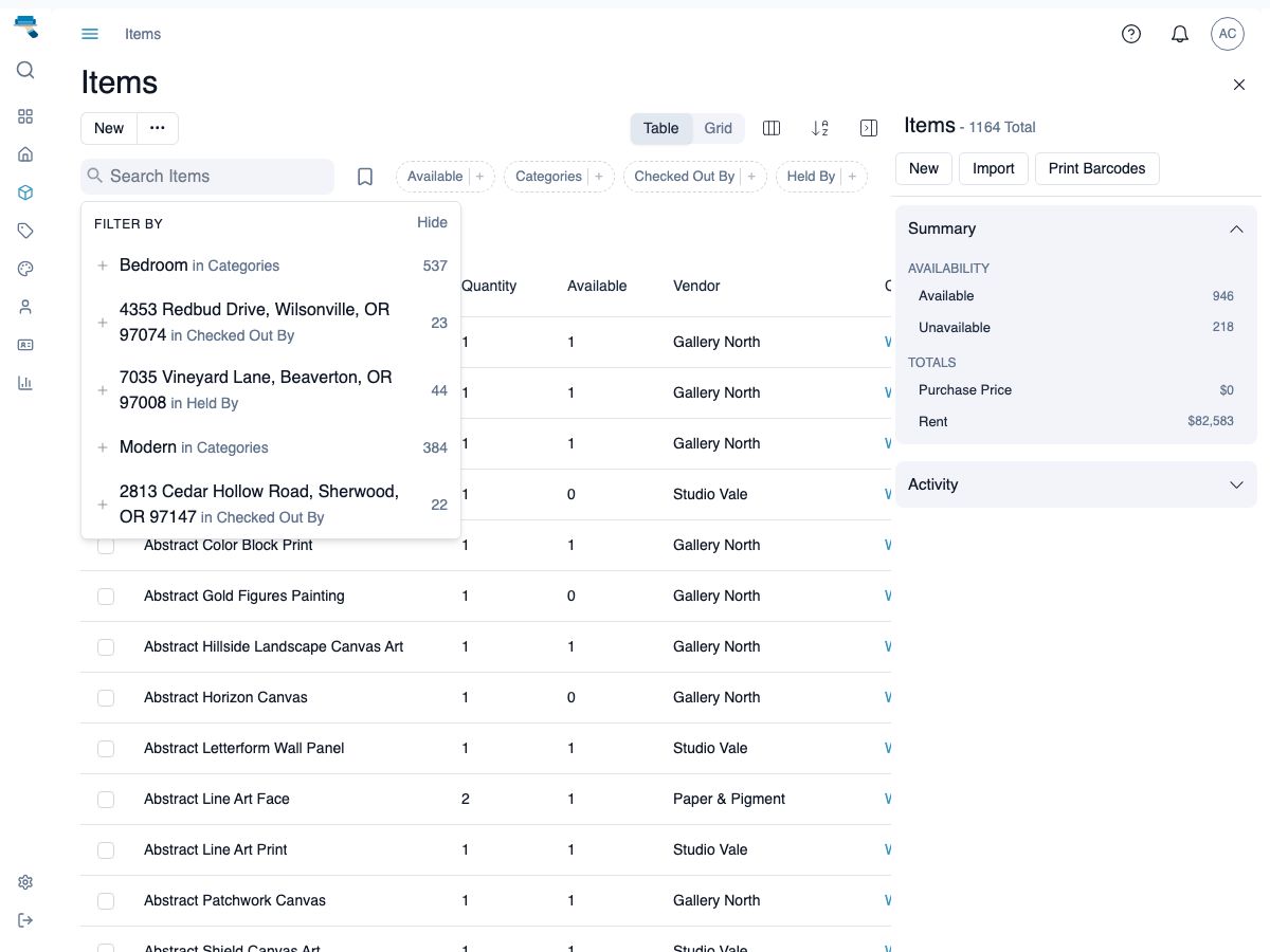 Inventory search box open with a list of suggested filters beneath it