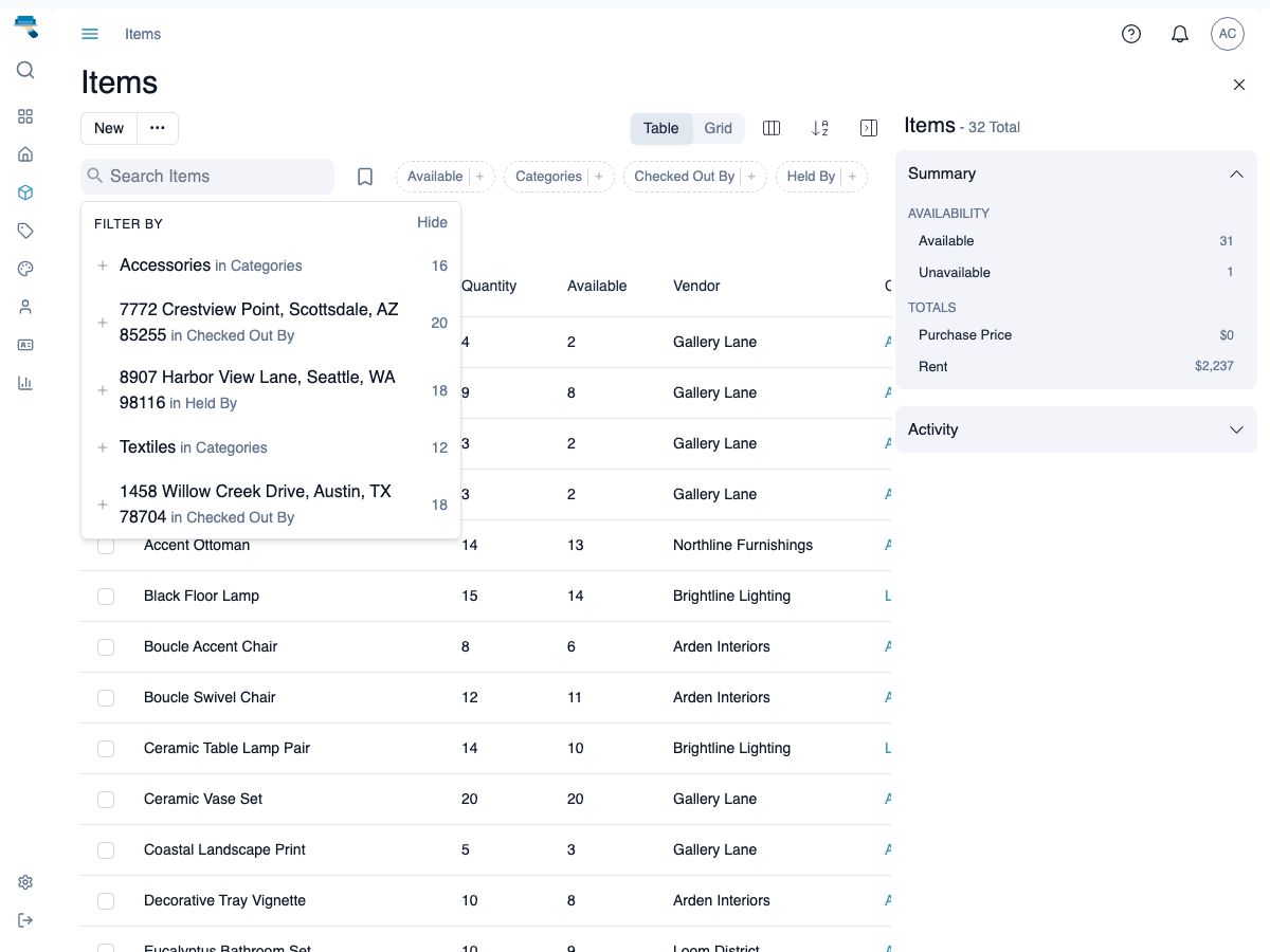 Inventory search box open with a list of suggested filters beneath it
