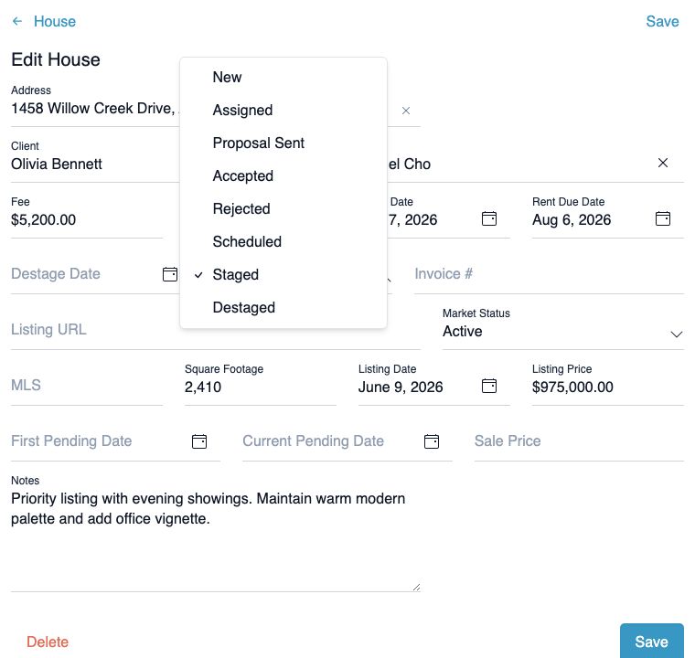 Stage Status select on the house edit form open, showing the eight statuses from New through Destaged with Staged checked