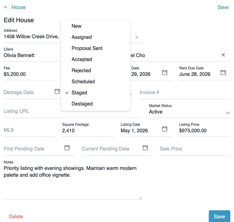 Stage Status select on the house edit form open, showing the eight statuses from New through Destaged with Staged checked