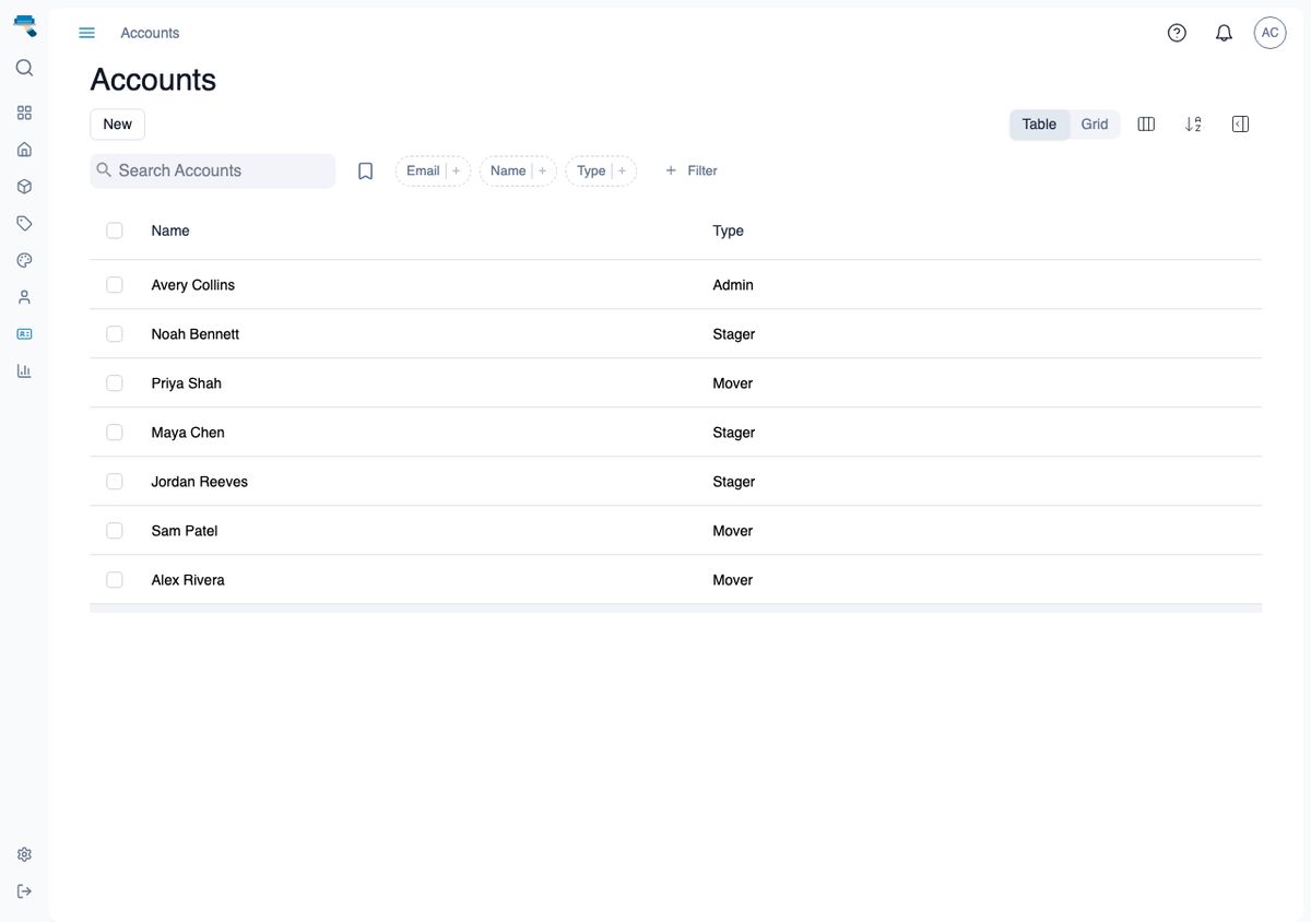 Team page showing a mixed list of Admin, Stager, and Mover accounts