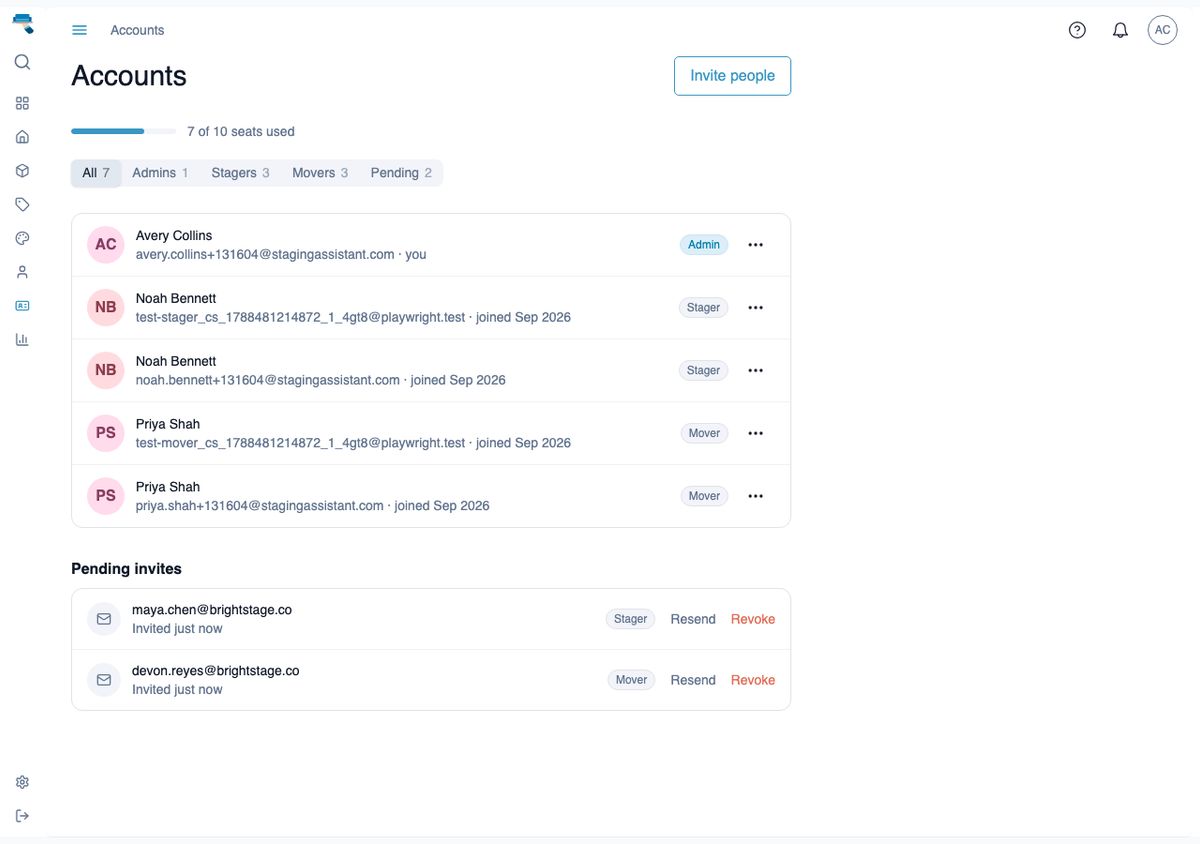 Team page showing a mixed list of Admin, Stager, and Mover accounts