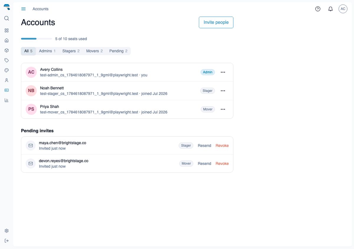 Team page showing a mixed list of Admin, Stager, and Mover accounts