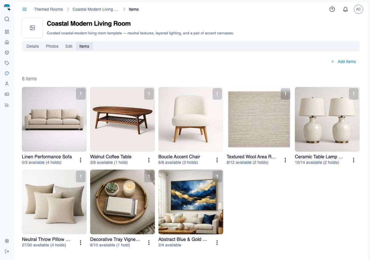 Themed room detail page showing the curated item list for a Coastal Modern Living Room template