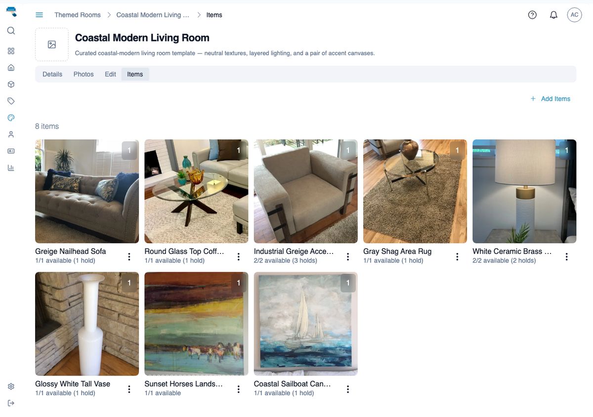 Themed room detail page showing the curated item list for a Coastal Modern Living Room template