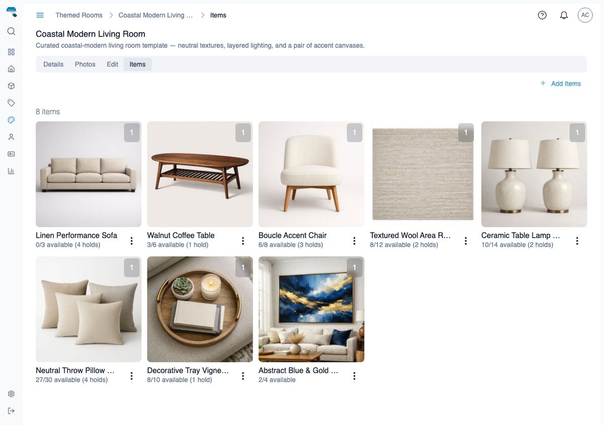 Themed room detail page showing the curated item list for a Coastal Modern Living Room template