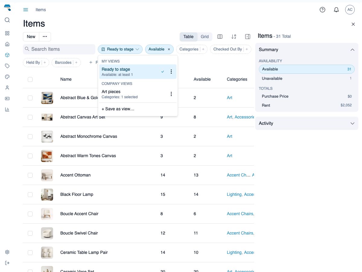 Saved views menu open on the inventory list, showing a Ready to stage view under My Views and a Company Views group