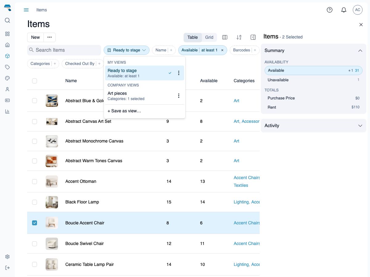 Saved views menu open on the inventory list, showing a Ready to stage view under My Views and a Company Views group, with the active view shown as a pill in the chip row