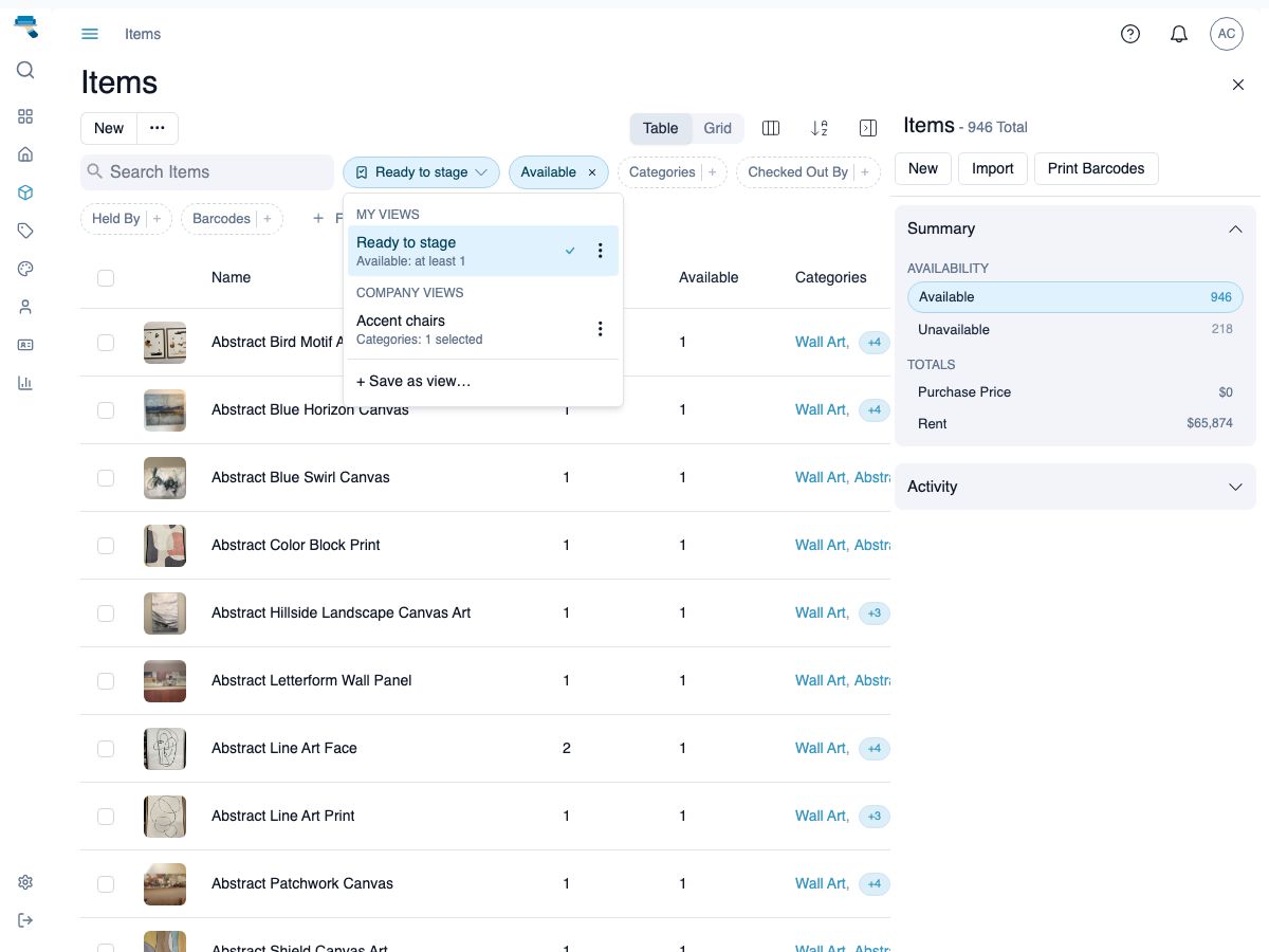 Saved views menu open on the inventory list, showing a Ready to stage view under My Views and a Company Views group