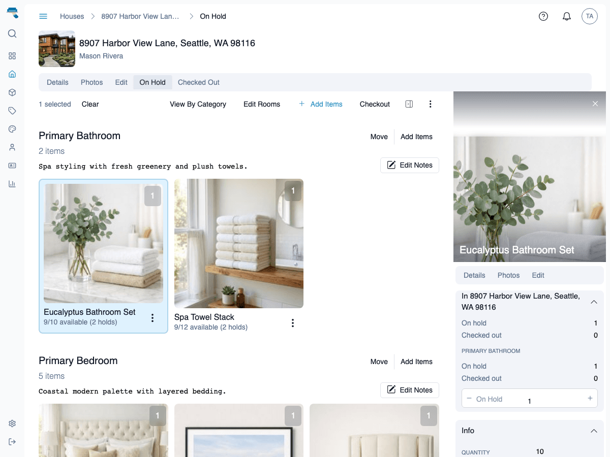 Staging Assistant app showing room staging view