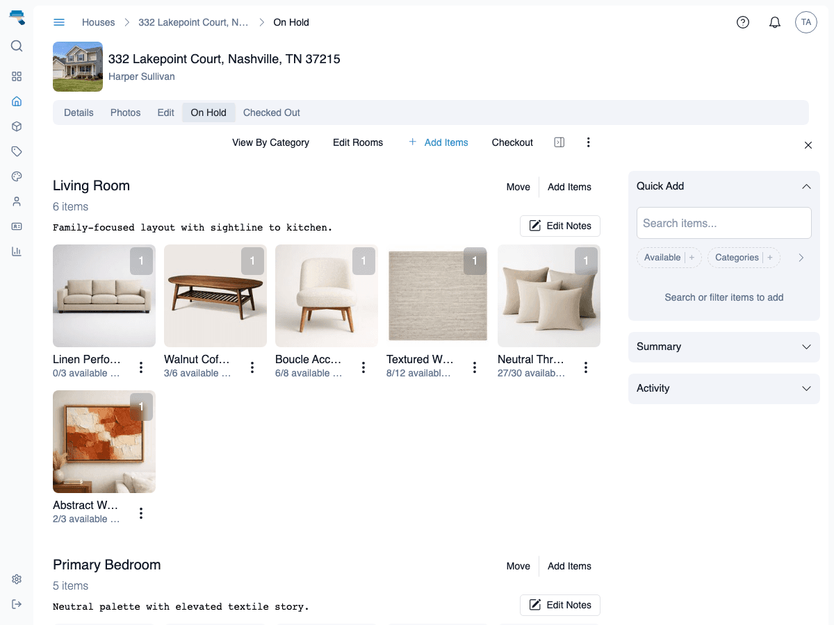 House staging rooms with quick-add sidebar