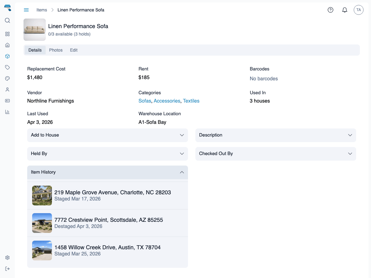 Item history showing staging timeline